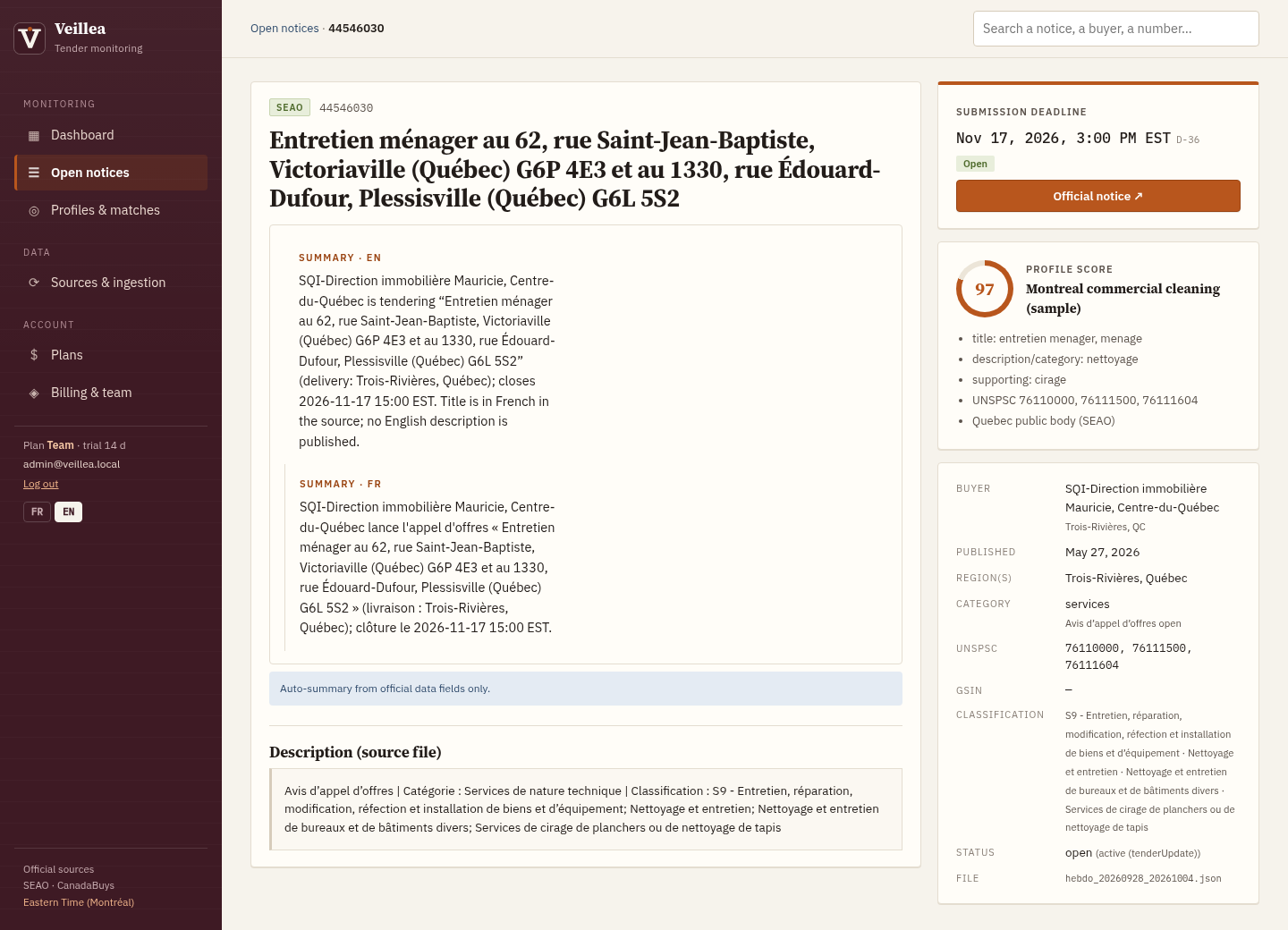 SEAO notice detail with bilingual summary and profile score